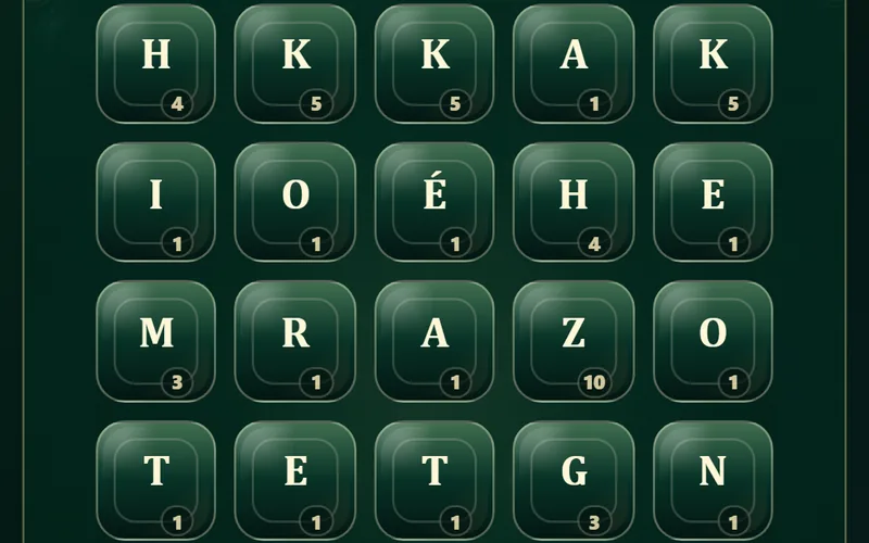 A Letter Lantern táblája: betűkockák öt oszlopban, mindegyiken a betű pontértéke.